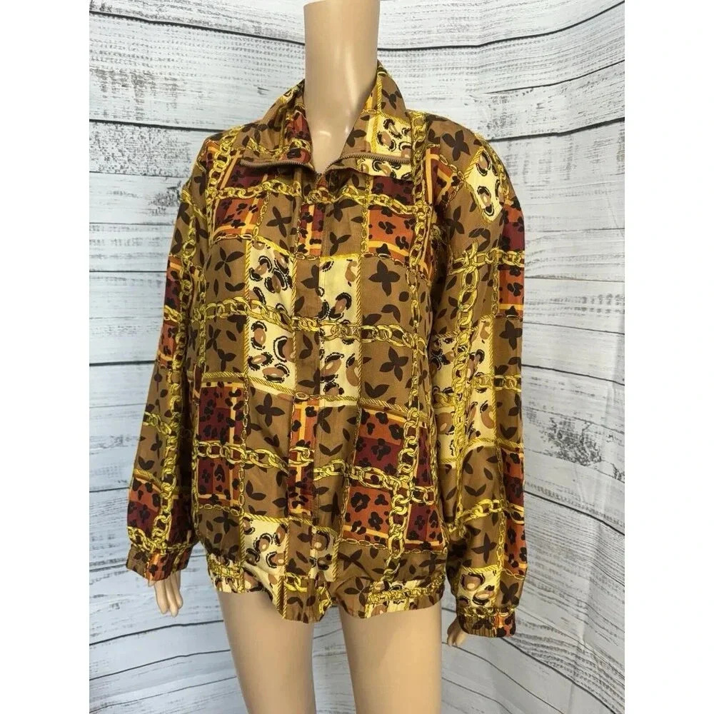 VTG 100% Silk Shanghai Silk Full Zip Bomber Jacket  EUC Gold Chain Leopard Print